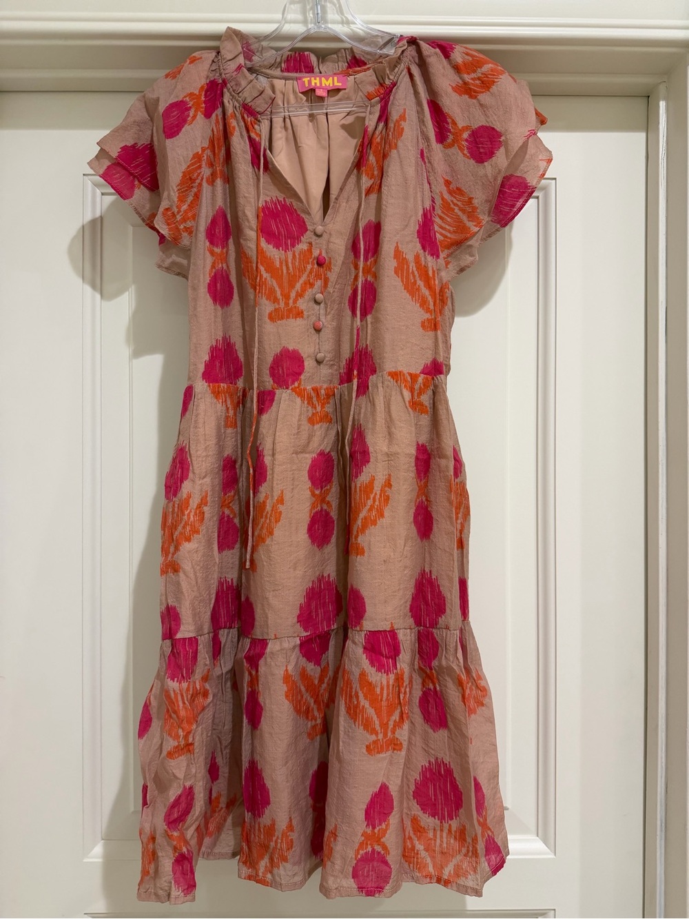 THML Pink Orange Floral Tiered Flutter Sleeve Midi Dress S
